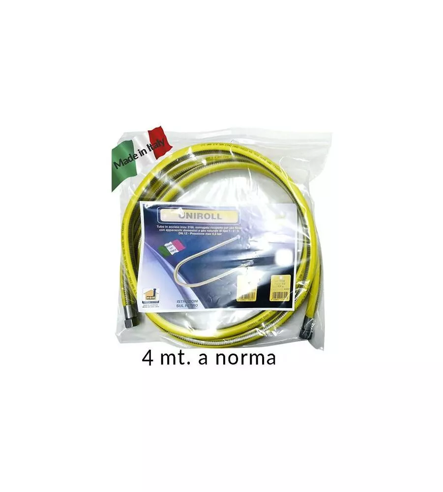 Tubo flessibile gas 4 metri 1/2 mf inox a norma en 15266 per piano cottura/cucina uniroll